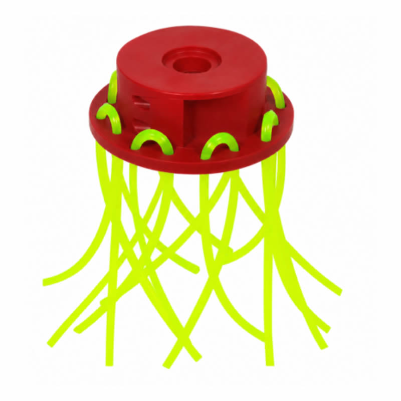 Testina universale rossa Giulia dotata di numerosi fili in nylon giallo fluorescente che scendono verticalmente dalla struttura cilindrica.